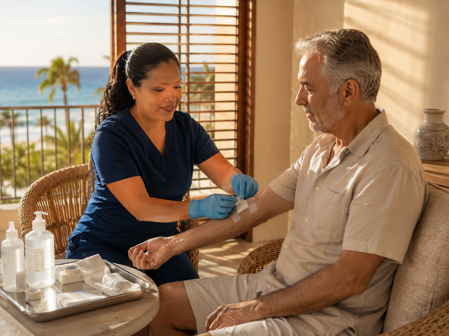 Wound care nurse changing a dressing at home in Cabo San Lucas